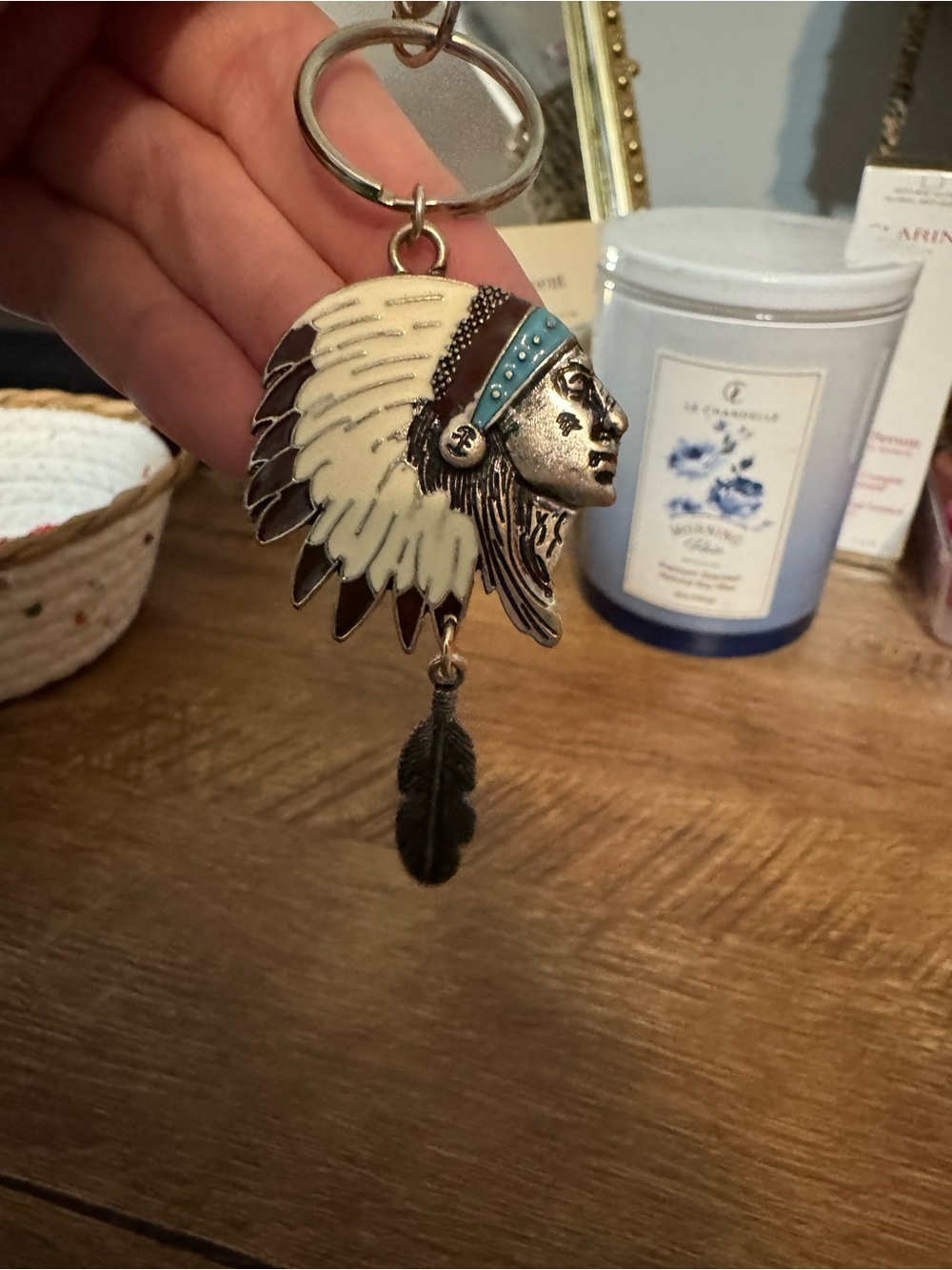 Native Headdress Keychain — Cream, Brown & Turquoise